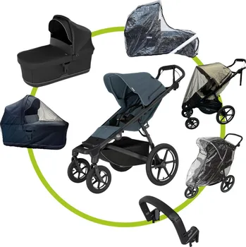 Kočárek Akční set Thule Urban Glide 4-wheel Dark Slate s magnetickou sponou + korba + pláštěnka Emitex + madlo Thule + pláštěnka na korbu Emitex + univerzální moskytiéra na korbu a sporťák