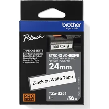 Kotouček do pokladny a tiskárny štítků BROTHER PÁSKA TZE-S251, EXTRÉMNĚ PŘILNAVÁ, BÍLÁ-ČERNÁ 24MM
