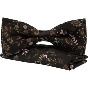 Motýlek Tmavě hnědý pánský motýlek s jemným květinovým vzorem včetně kapesníčku