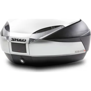 Zavazadlo na motocykl Topcase - s farebným krytom SHAD SH48 biela so zámkom PREMIUM SMART (SH48 prémiový kufr pro dvě XXL helmy. Dostupná opěrka, nosič, brzdové světlo a vnitřní taška. Včetně plotny. Opěrka není součástí.)