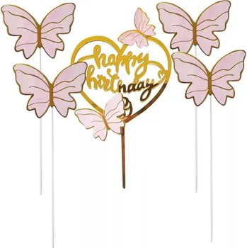 Jedlá dekorace na dort Dortisimo Zápich do dortu zlatý Happy Birthday s motýlky 2 (5 ks)