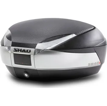 Zavazadlo na motocykl Topcase - s farebným krytom SHAD SH48 Karbón so zámkom PREMIUM SMART (SH48 prémiový kufr pro dvě XXL helmy. Dostupná opěrka, nosič, brzdové světlo a vnitřní taška. Včetně plotny. Opěrka není součástí.)