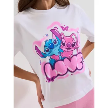 Dámské tričko Sinsay - Bavlněné tričko s krátkým rukávem Lilo & Stitch - bílá - 835HA-00X - 835HA-00X-S