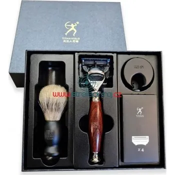 Holicí strojek Dárková sada TITAN - mahagonový holící strojek s podstavcem, 4 náhradními hlavicemi a štětkou ve sty
