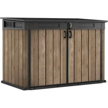 Zahradní úložný box Velká plastová venkovní skříň na popelnice / dětská kola / gril, vzhled dřevo, 2020 L