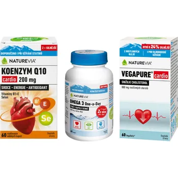 Doplněk stravy NatureVia Koenzym Q10 cardio 200mg 60 kapslí + Vegapure cardio 60 kapslí + Omega 3 One a Day 60 kapslí