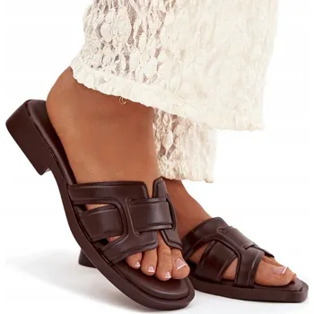 Dámské pantofle NAZOUVÁKY DÁMSKÉ Z EKOKŮŽE LEHKÉ POHODLNÉ S PÁSKY ČOKOLÁDOVÉ BARVY VEL. 42