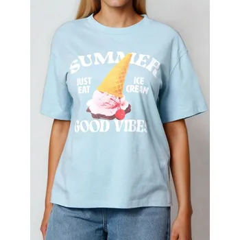 Sinsay - Bavlněné oversize tričko s potiskem - modrá - 230IN-05X - 230IN-05X-S