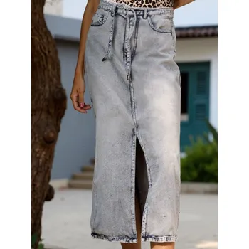 Dámská sukně Sinsay - Džínová midi sukně s&nbsp;páskem - šedá - 667DB-09J - 667DB-09J-32