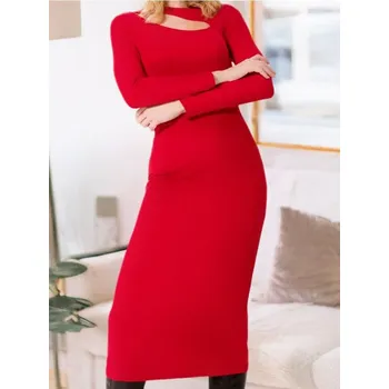 Dámské šaty Sinsay - Přiléhavé midi šaty s ozdobným výstřihem a příměsí viskózy - červená - 160DF-33X - 160DF-33X-XXS