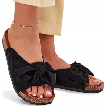 Dámské pantofle NAZOUVÁKY DÁMSKÉ Z EKO SEMIŠE NA KORKOVÉ PODRÁŽCE S MAŠLÍ ČERNÉ 38