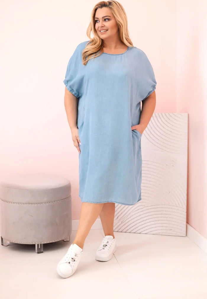 Dámské šaty Plus Size z lyocellu s řasením a kapsami světle džínové Barva: Jasny Jeansowy, Velikost: universal