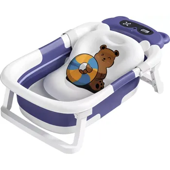koupací vanička Skládací cestovní vanička pro miminka s teploměrem a polštářkem – fialová