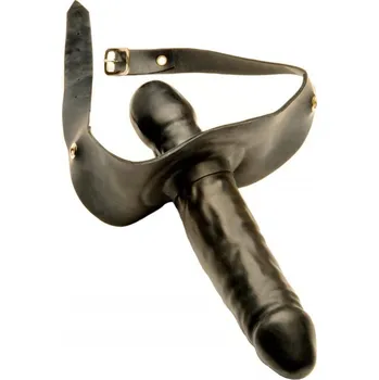 Erotická maska M&K Double Dildo Gag, černý latexový roubík s vnitřním a vnějším dildem