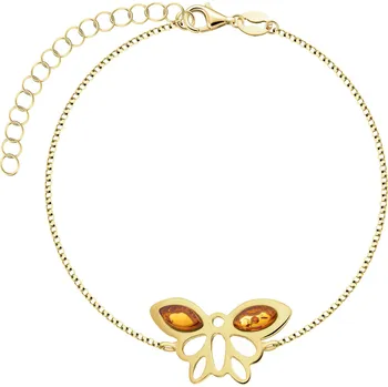 Náramek Pozlacený stříbrný náramek s jantarem – motýl - AP544-3862