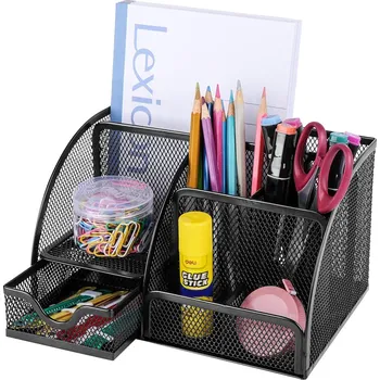 Psací stůl Organizér na psací stůl hexagon kovový, síťovaný, se zásuvkou, černý