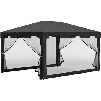 Zahradní altán Outsunny altán party stan 4 x 3 m zahradní altán s bočními stěnami ze síťoviny na balkon terasu, kovový PE tmavě šedý, ideální pro párty a akce | Aosom.de
