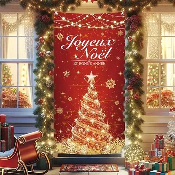 Vánoční dekorace Vánoční banner 0,9 x 1,8 m - zlatý vánoční stromek s hvězdičkami a sněhovými vločkami