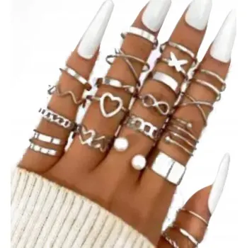 Prsten Stříbrná SADA PRSTENŮ RETRO PUNK BOHO KRÁSNÁ 23 prstenů 14-18 mm