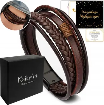 Náramek PÁNSKÝ NÁRAMEK KOŽENÝ HNĚDÝ ŘEMÍNEK PLETENÝ SILNÝ + KRABIČKA KailaArt