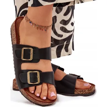 Dámské pantofle NAZOUVÁKY NA KORKOVÉ PLOŠINĚ DVA NASTAVITELNÉ PÁSKY SPONY ČERNÉ 39