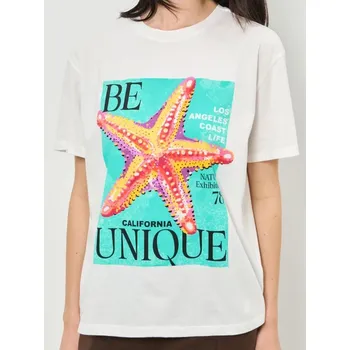 Dámské tričko Sinsay - Bavlněné oversize tričko s potiskem - krémová - 211IN-01X - 211IN-01X-XS