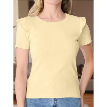 Dámské tričko Sinsay - Tričko z&nbsp;žebrovaného úpletu - žlutá - 754BB-11X - 754BB-11X-S