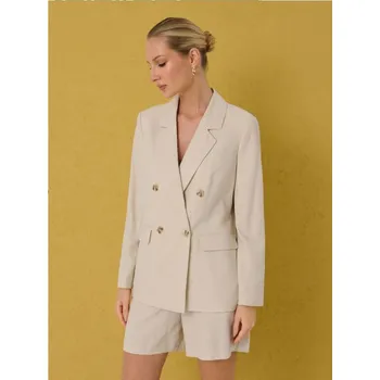 Dámské sako Sinsay - Dvřadé regular fit sako z viskózy s příměsí lnu - béžová - 333IU-02M - 333IU-02M-M
