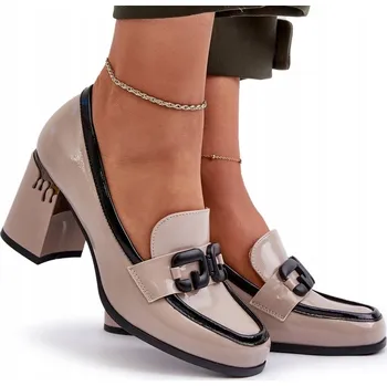 Dámské lodičky DÁMSKÉ LAKOVANÉ ELEGANTNÍ LODIČKY NA SLOUPKOVÉM PODPATKU D&A MR38-973 BÉŽOVÉ VEL. 39