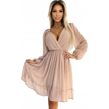 Dámské šaty 538-1 MILA Šifonové šaty midi s dlouhým rukávem - BÉŽOVÁ - M