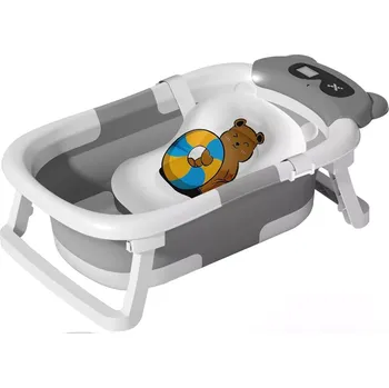 koupací vanička Skládací cestovní vanička s teploměrem a poduškou, šedá