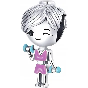 Přívěsek CHARMS PŘÍVĚSEK STŘÍBRO 925 Fitness Dívka S Činkami Trenérka Posilovna