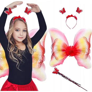 Karnevalový kostým KOSTÝM MOTÝLEK PŘEVLEK MOTÝL PRO DÍVKU 3v1 KŘÍDLA HŮLKA ČELENKA