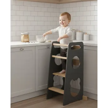učicí věž KITCHEN HELPER UČÍCÍ VĚŽ Montessori MEDVÍDEK do kuchyně ČERNÝ - BOROVICE