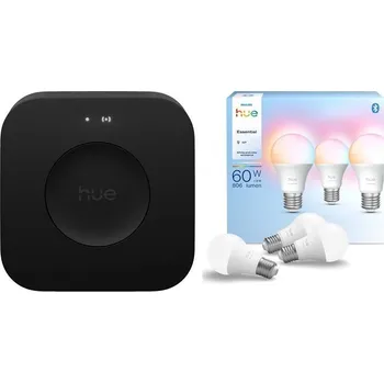 Sada domovního alarmu Philips Hue Bridge Pro + Chytrá žárovka Philips Hue Essential Bluetooth, 8 W, A60, E27, White and Color Ambiance (3 ks) černý