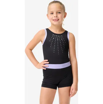 DOMYOS Dívčí gymnastická kombinéza s kraťasy pružná 10 LET FIALOVÁ|ČERNÁ