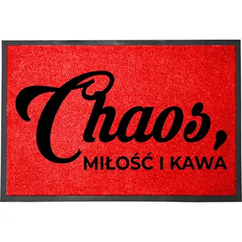 Rohožka ČERVENÁ VSTUPNÍ ROHOŽKA PŘED DVEŘE 40X60 CM - VTIPNÝ DESIGN: CHAOS, LÁSKA A KÁVA