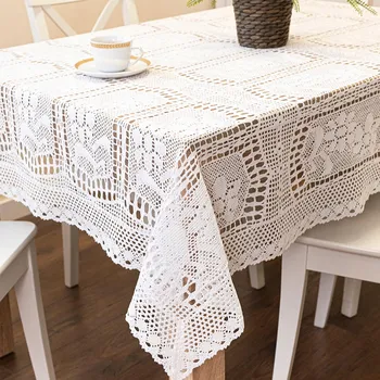 ubrus Bílý bavlněný ubrus obdélníkový s krajkou a ažurovým vzorem 140x240 cm BOHO háčkovaný