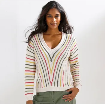 Dámský svetr Pulovr s proužky a výstřihem do V režná/khaki 54