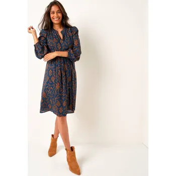 Dámské šaty Rovné šaty s mao límečkem, krepon s potiskem modrá/čokoládová 36