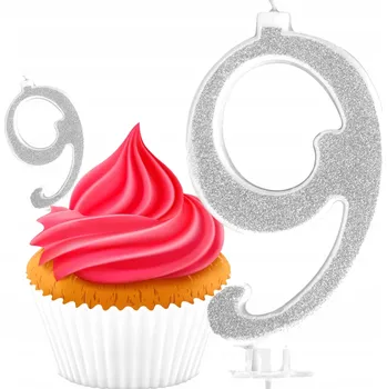 Dortová svíčka NAROZENINOVÁ SVÍČKA NA DORT ČÍSLICE 9 STŘÍBRNÁ SE TŘPYTKAMI 13CM DEKORACE