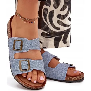 Dámské pantofle NAZOUVÁKY NA KORKOVÉ PLATFORMĚ DVA NASTAVITELNÉ POPRUHY S PŘEZKAMI SVĚTLÝ JEANS 38