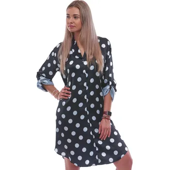 Dámská noční košile Černá a bíle puntíkatá elegantní košilka celopropínací s límečkem ze saténu 1XL-3XL 1E8527 černá xxl