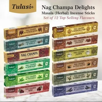 Vonná tyčinka Vonné tyčinky Tulasi Nag Champa Delights, 12 vůní (15 tyčinek/vůně, 180 tyčinek)