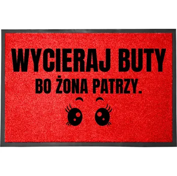 Rohožka VCHODOVÁ ROHOŽKA ČERVENÁ 40X60 CM KE DVEŘÍM VTIPNÁ ZÁBAVNÁ ŽENA SE DÍVÁ