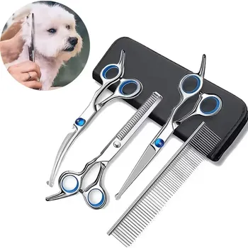 strojek na stříhání srsti 4-dílná sada pro úpravu srsti psů (3x nůžky + 1x hřeben) Barva: Modrá