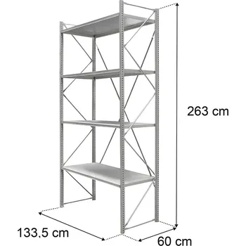 Dílenský regál Kovový kladový regál STOW, 4policový, pozinkovaný, základní modul, výška 263 cm, délka 133,5 cm, hloubka 60 cm