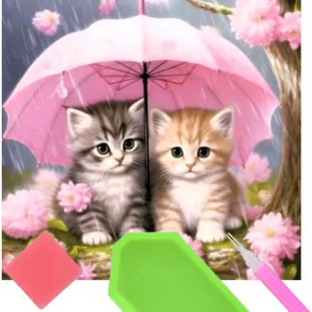 Obraz Diamantová Výšivka Koťátko Kočky Květiny Deštník Diamond Painting Mozaika Sada