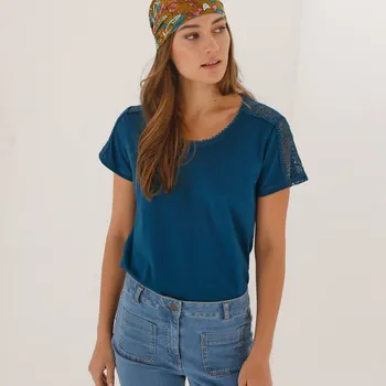 Tričko s kulatým výstřihem a krajkou petrolejová 54