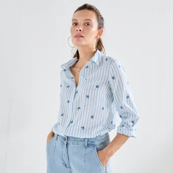 Dámská móda Halenka s potiskem pruhů a ptáčků modrá 50